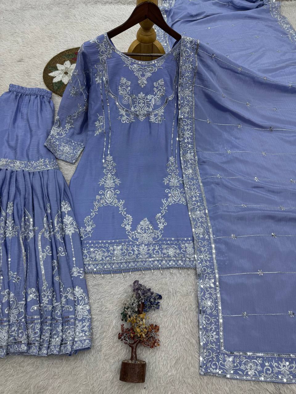 Powder Blue Chinon Sharara Suit with Sequence Work - Image 3