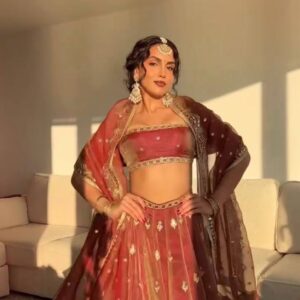 Dusty Rose Embroidered Lehenga Set with Sheer Dupatta