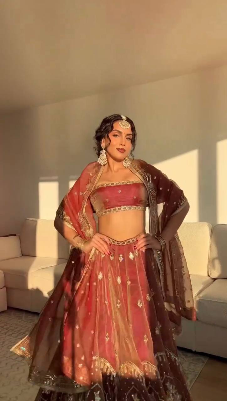 Dusty Rose Embroidered Lehenga Set with Sheer Dupatta