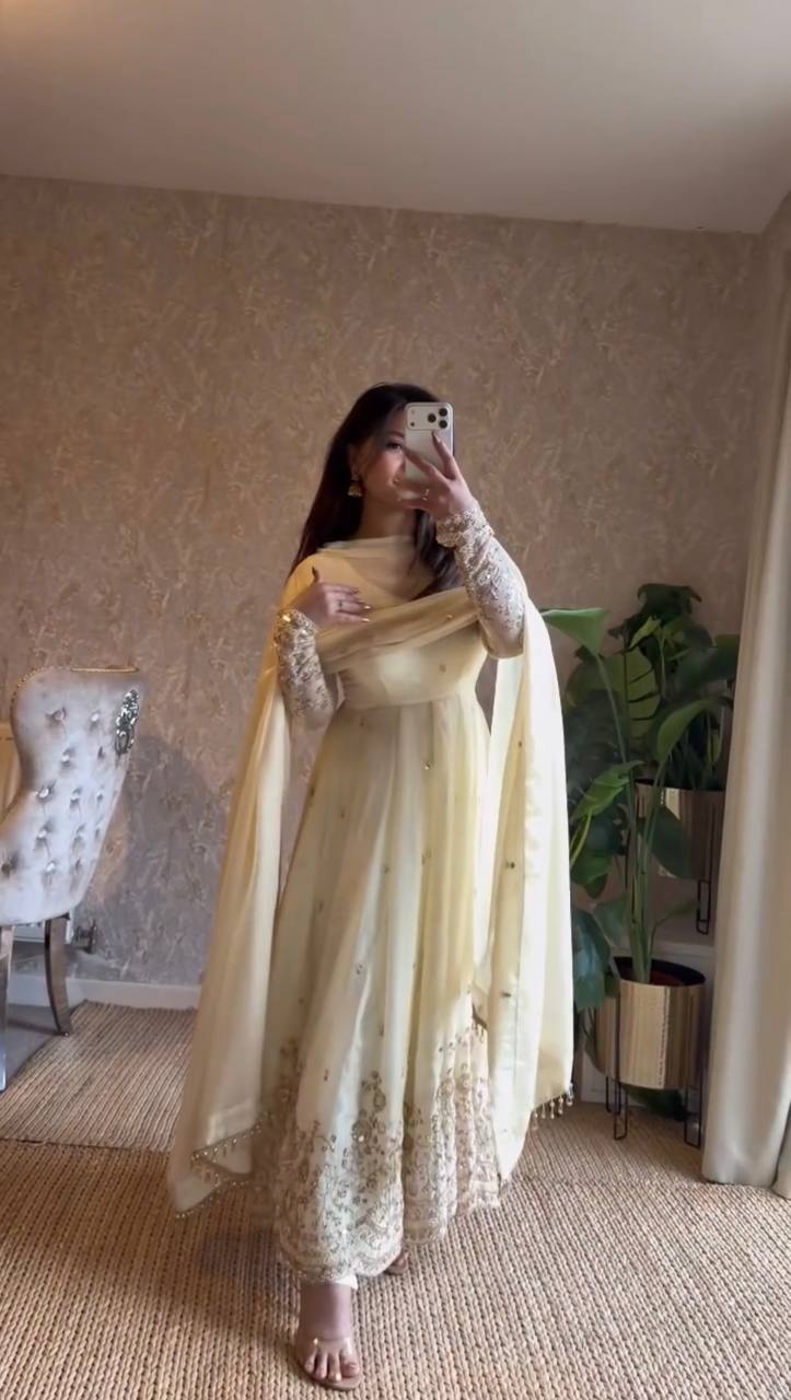 Butter Yellow Embroidered Anarkali Set with Dupatta - Image 4