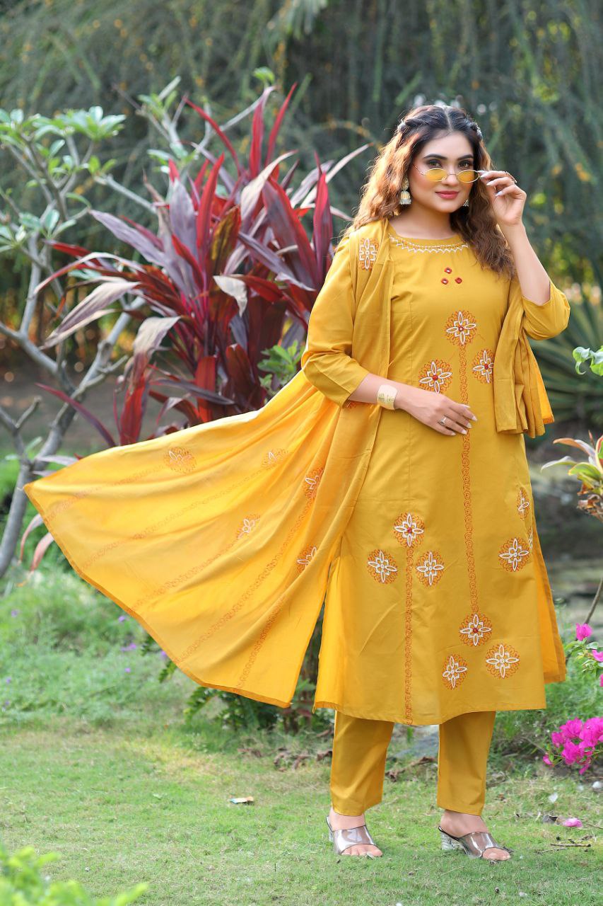 Mustard Pure Cotton Real Mirror Work A-Line Kurti Set - Image 3