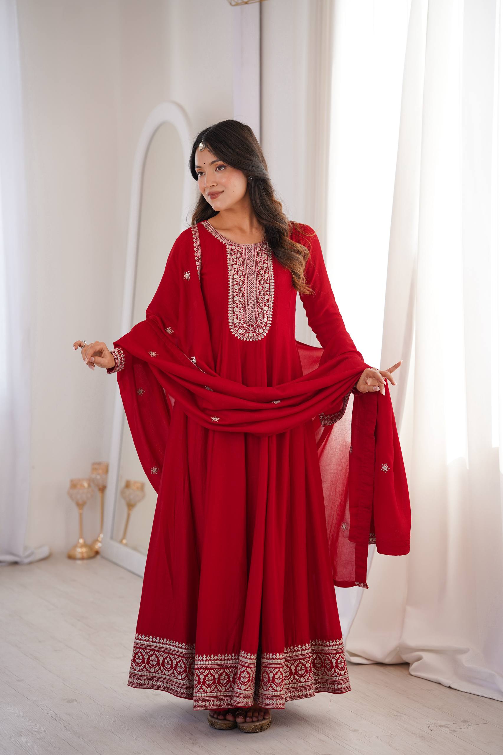 Red Embroidered Anarkali Suit with Dupatta - Image 2