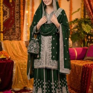 Emerald Embroidered Kurta Sharara Set with Dupatta & Potli Bag