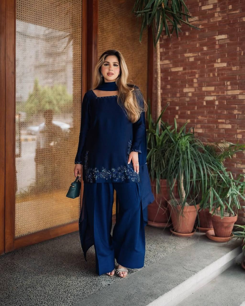 Navy Blue Embroidered Kurta Palazzo Set with Dupatta - Image 2