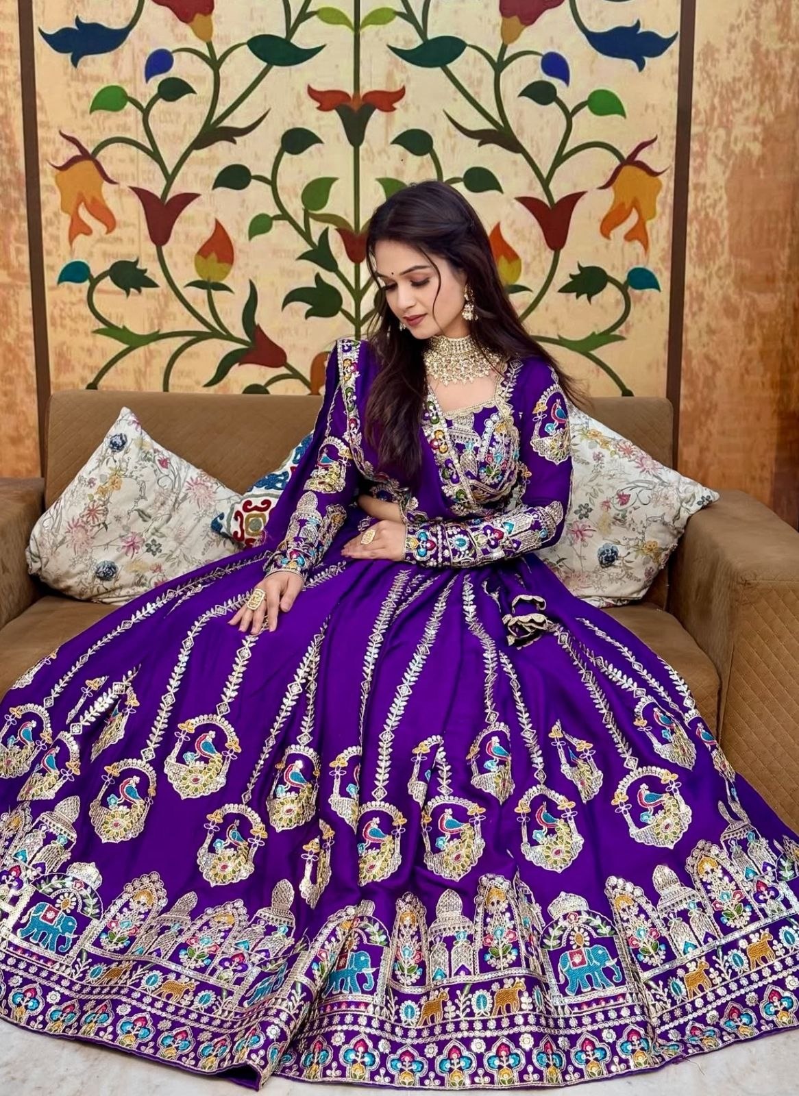 Royal Purple Embroidered Designer Lehenga Gown - Image 4