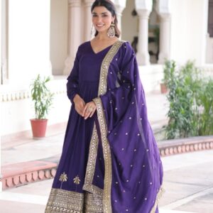 Royal Purple Vichitra Silk Anarkali Gown with Rich Sequins Embroidery