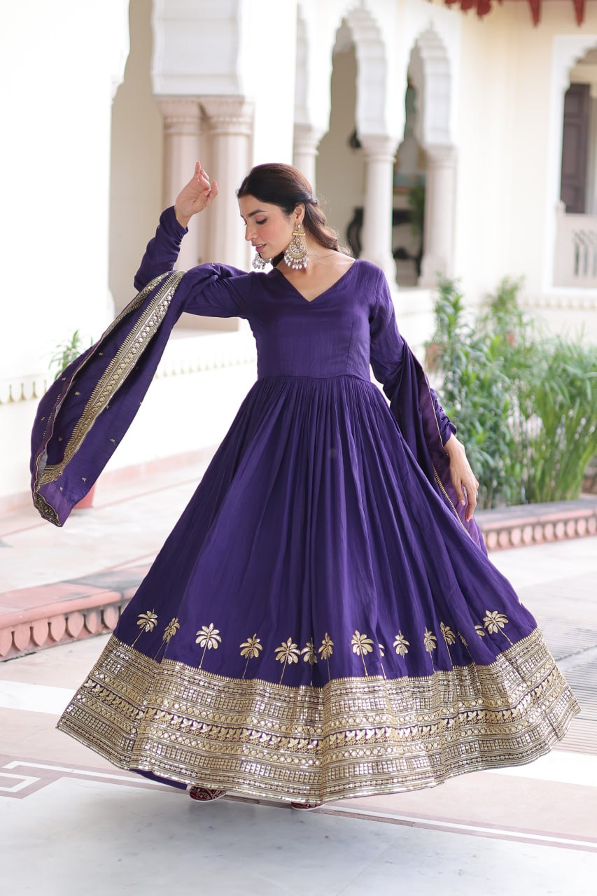 Royal Purple Vichitra Silk Anarkali Gown with Rich Sequins Embroidery - Image 4