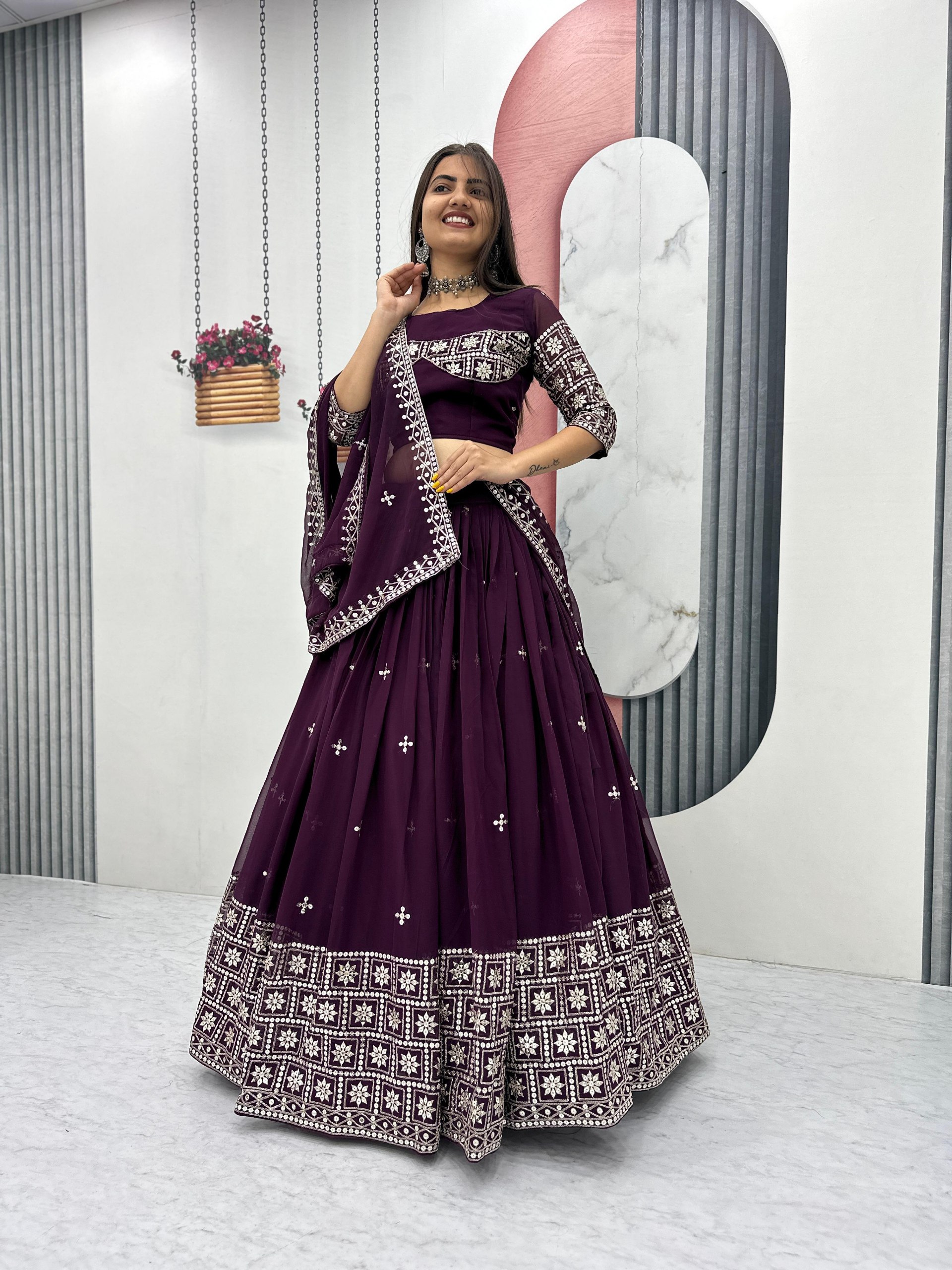 Plum Embroidered Lehenga Choli with Dupatta - Image 4