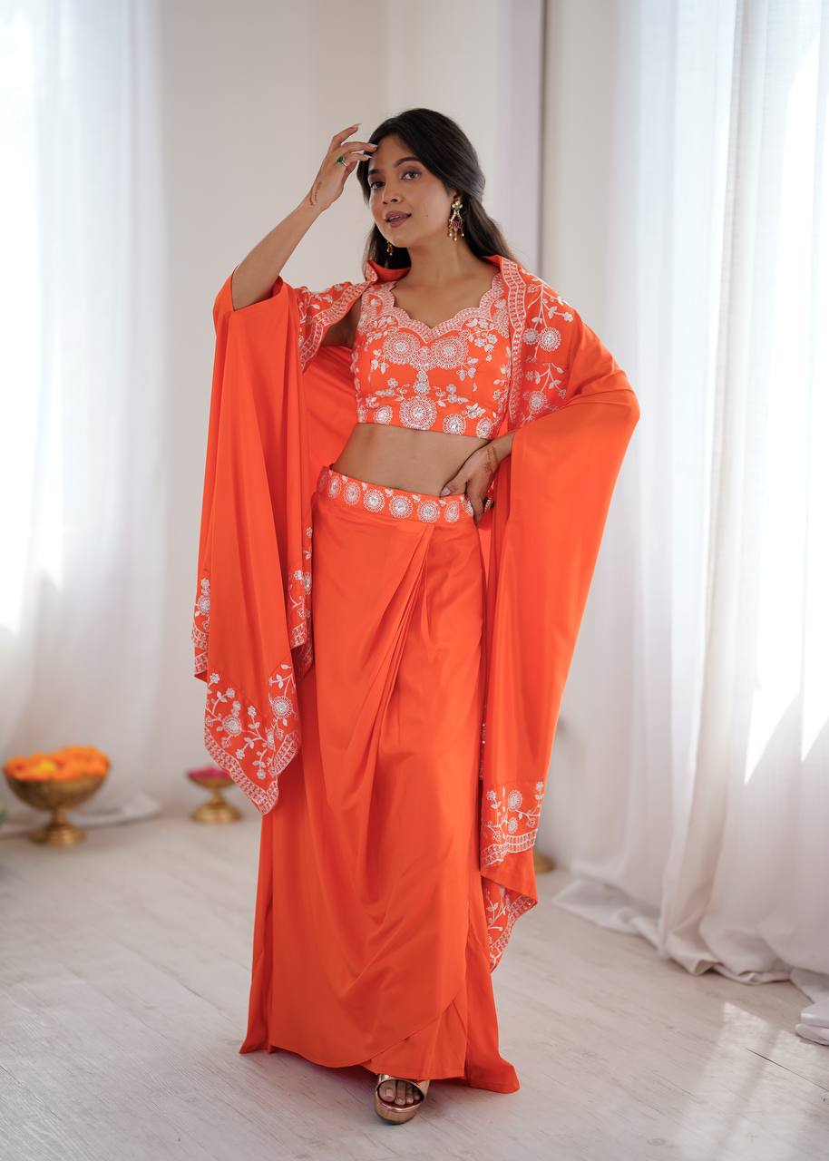 Vibrant Orange Embroidered Drape Skirt Set with Dupatta - Image 4