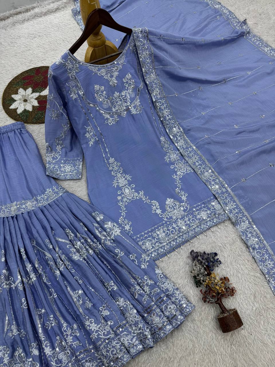 Powder Blue Chinon Sharara Suit with Sequence Work - Image 4