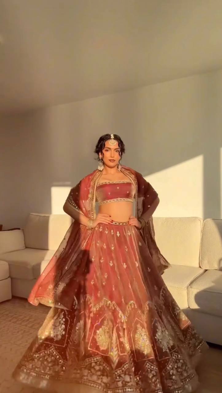 Dusty Rose Embroidered Lehenga Set with Sheer Dupatta - Image 4