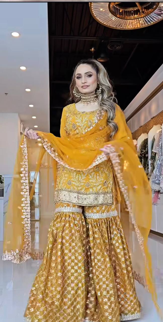 Mustard Yellow Embroidered Sharara Suit with Dupatta - Image 3