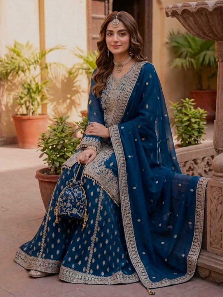 Royal Blue Embroidered Kurta Sharara Set with Dupatta - Image 2