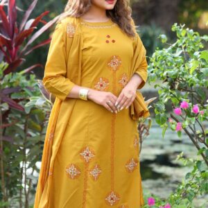 Mustard Pure Cotton Real Mirror Work A-Line Kurti Set