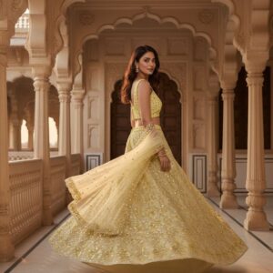 Sunshine Yellow Butterfly Net Embroidered Lehenga Choli Set