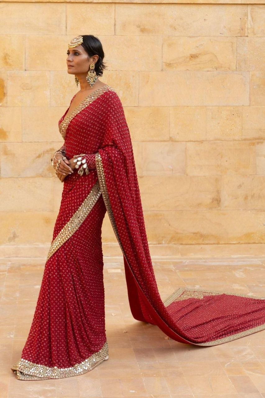 Red Georgette Mirror and Sequence Embroidery Saree - Image 4