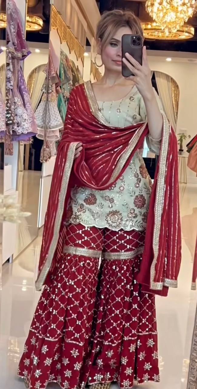 Designer Chinon Silk Embroidered Sharara Suit - Image 2