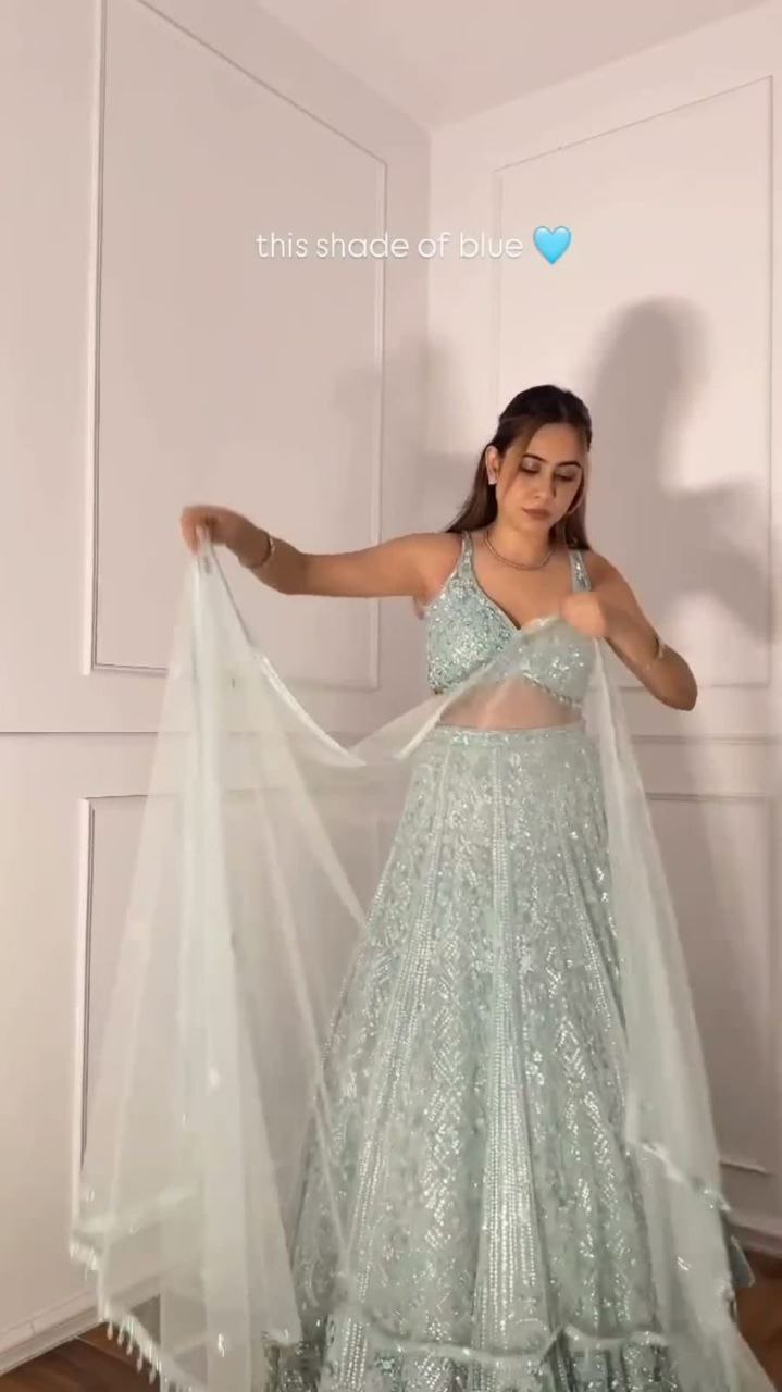 Sky Blue Sequins and Resham Embroidered Net Lehenga Choli Set - Image 4