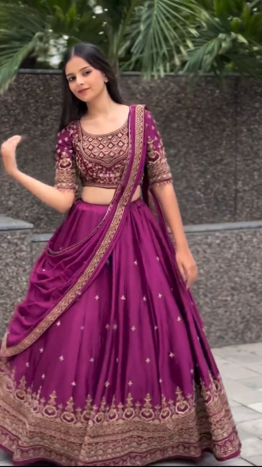 Wine Embroidered Lehenga Choli with Dupatta - Image 3