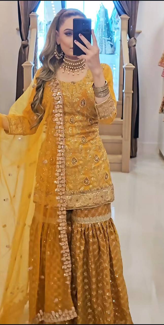 Mustard Yellow Embroidered Sharara Suit with Dupatta - Image 4