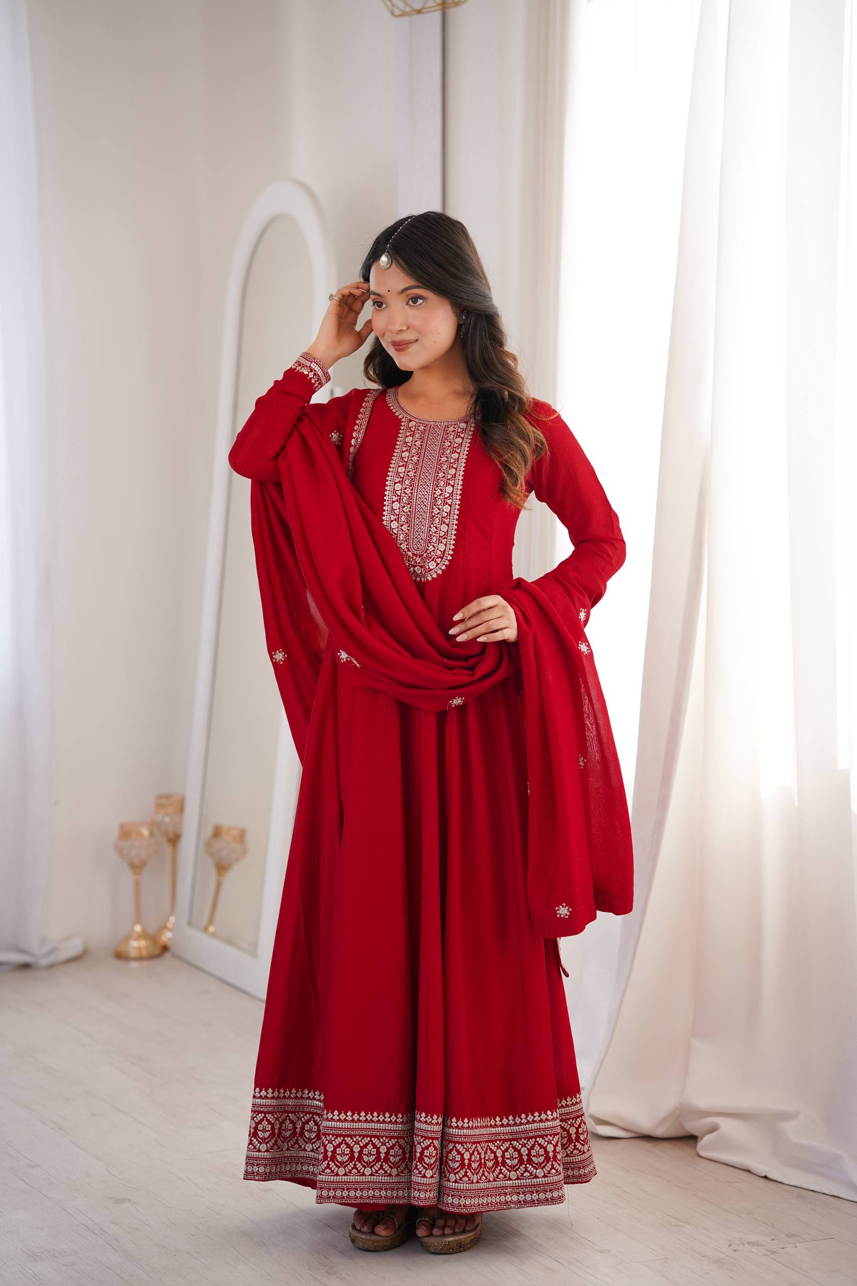 Red Embroidered Anarkali Suit with Dupatta - Image 4