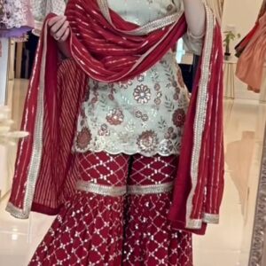 Designer Chinon Silk Embroidered Sharara Suit