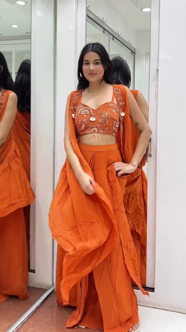 Burnt Orange Embroidered Crop Top with Draped Palazzo Set - Image 2