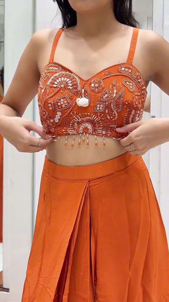 Burnt Orange Embroidered Crop Top with Draped Palazzo Set - Image 3