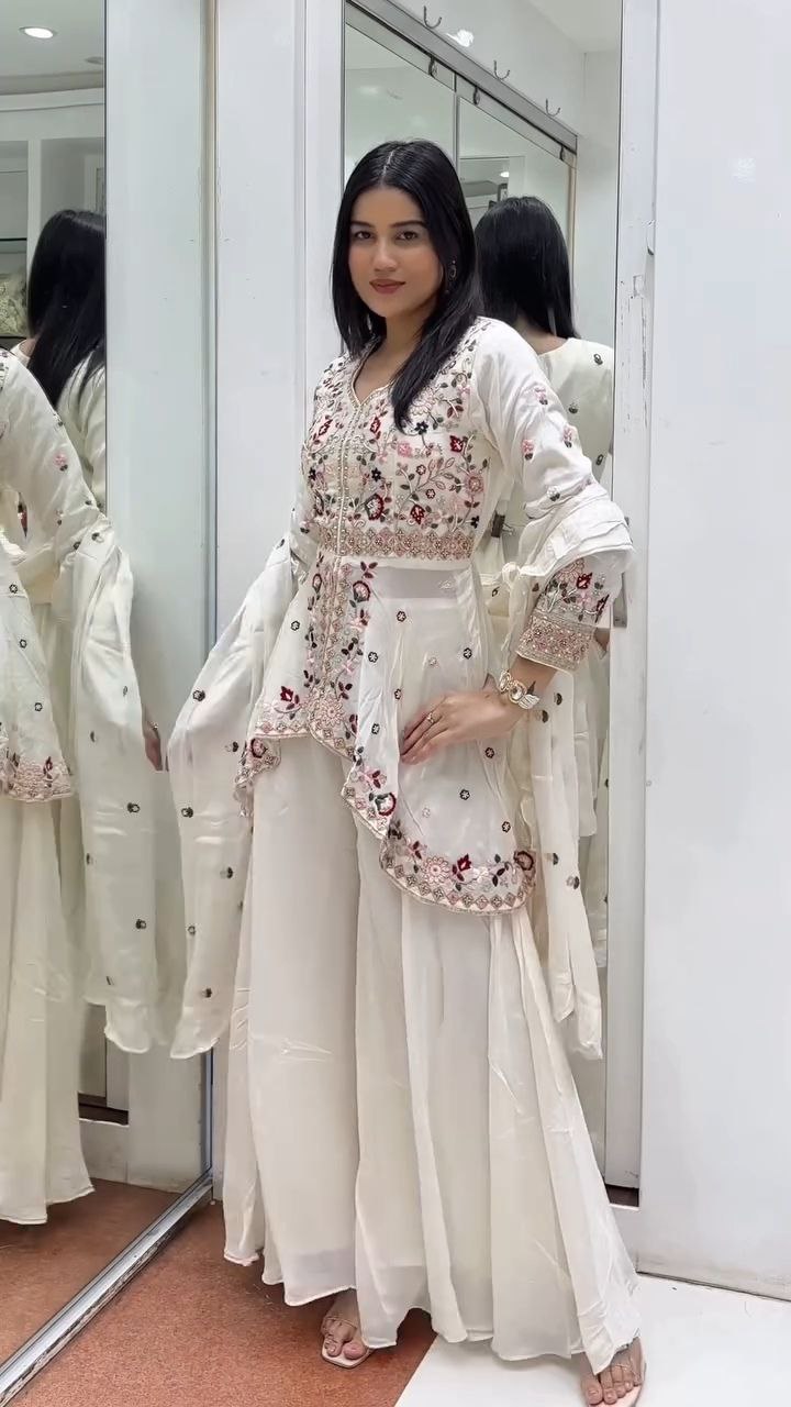 Ivory Embroidered Peplum Kurta with Sharara and Dupatta Set - Image 2