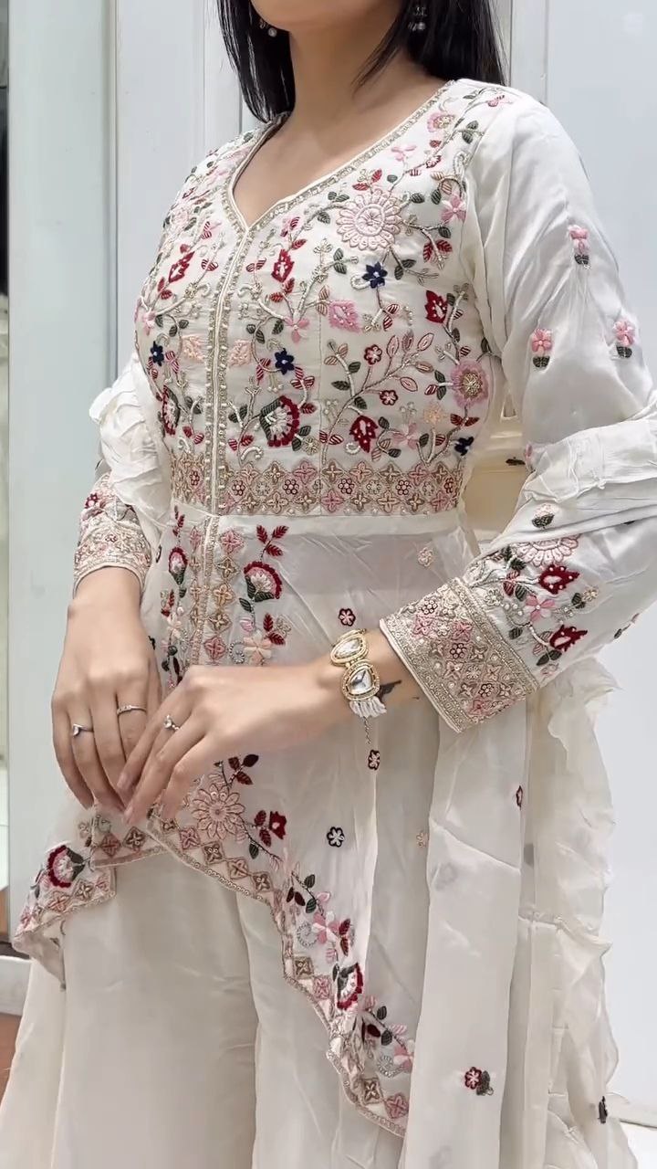 Ivory Embroidered Peplum Kurta with Sharara and Dupatta Set - Image 5