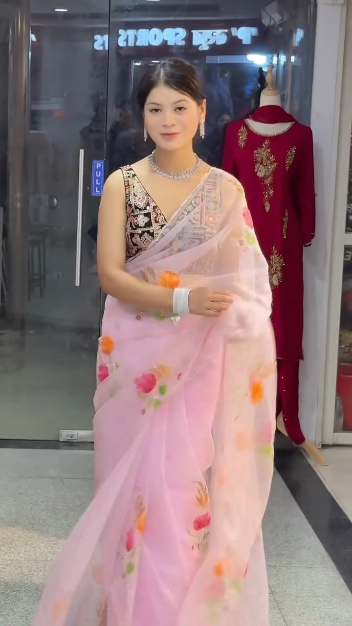 Baby Pink Floral Organza Saree with Embroidered Border - Image 2