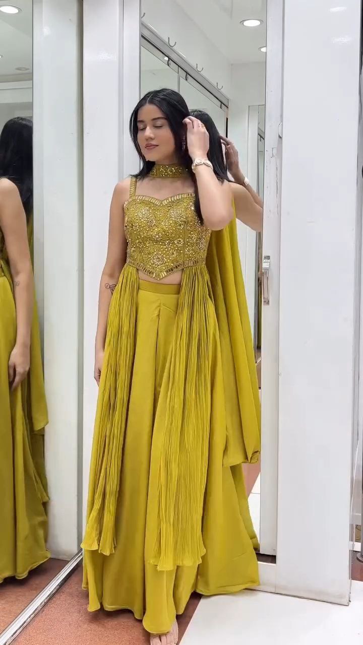 Mustard Yellow Embroidered Crop Top Palazzo Set with Cape Dupatta - Image 5