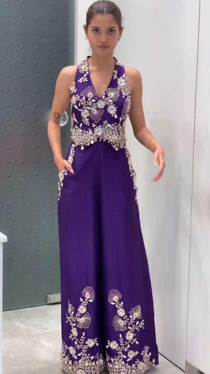Royal Purple Embellished Halter Neck Jumpsuit - Image 4