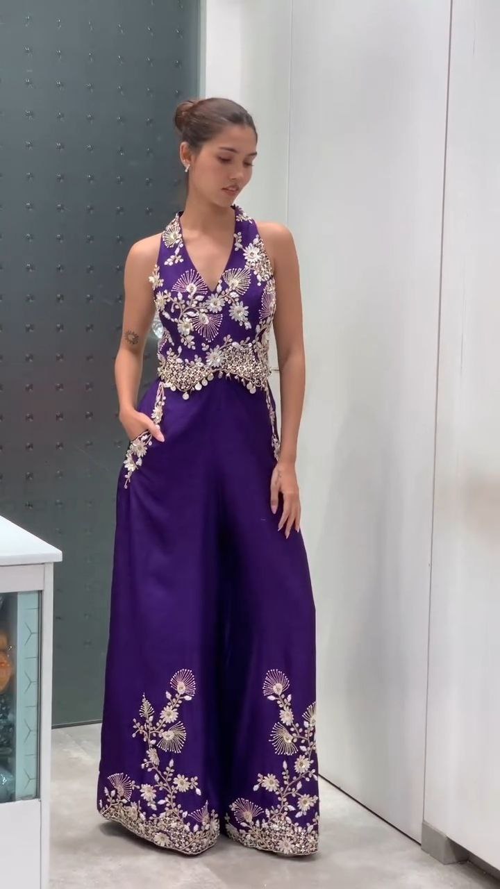 Royal Purple Embellished Halter Neck Jumpsuit