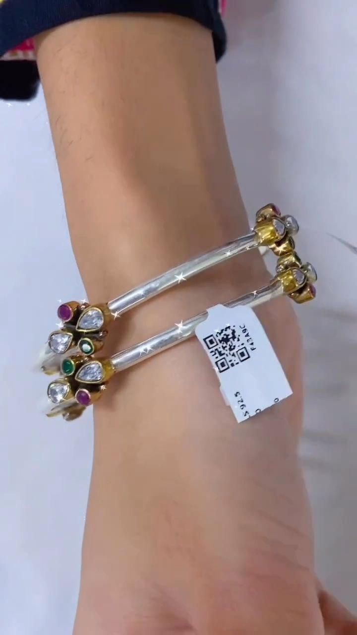Dual-Tone Stone-Studded Open Cuff Bracelet - Image 2
