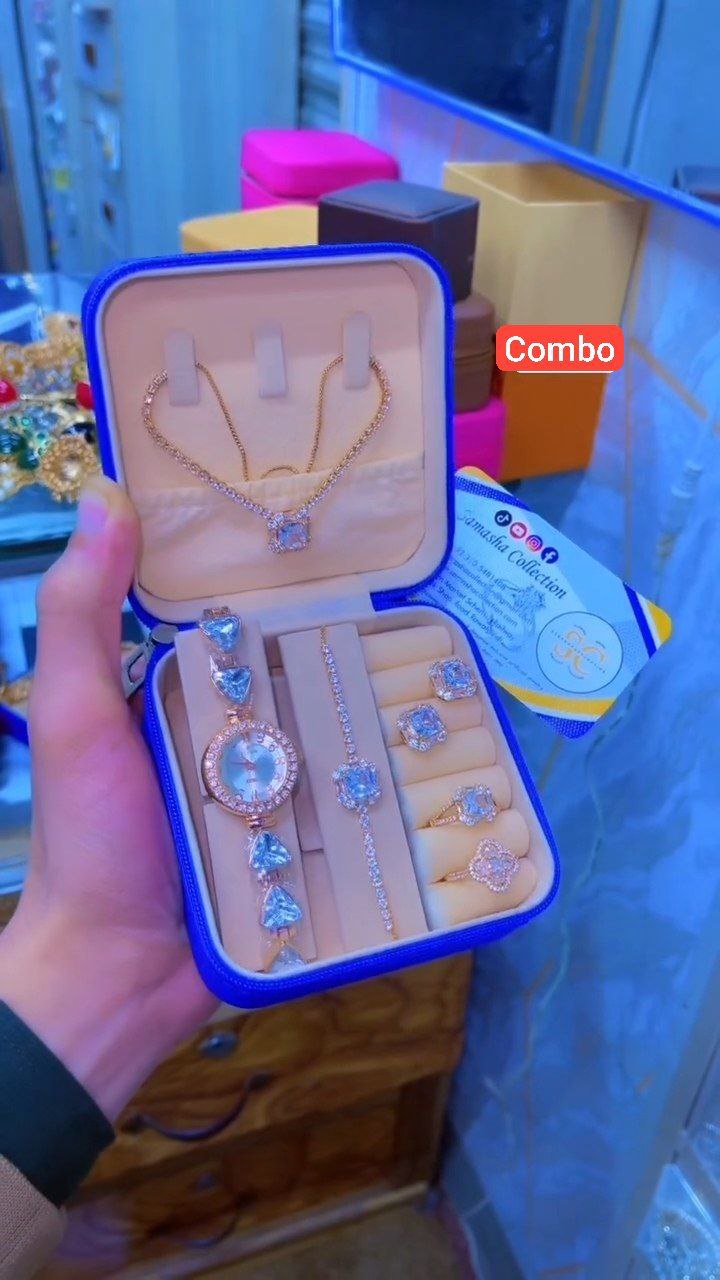 Luxury Rose Gold Jewelry Combo Set with Watch, Necklace & Rings - Image 2