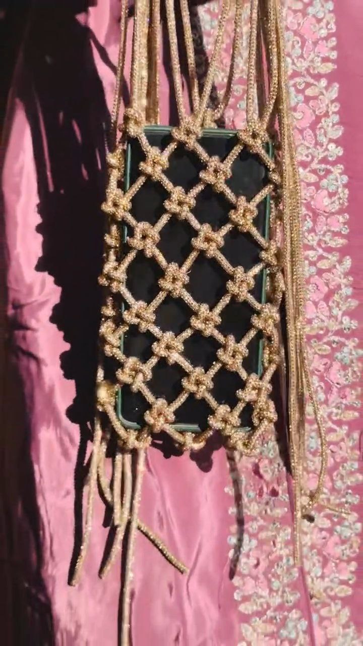 Gold Beaded Phone Sling Pouch with Knotted Net Design - Image 3