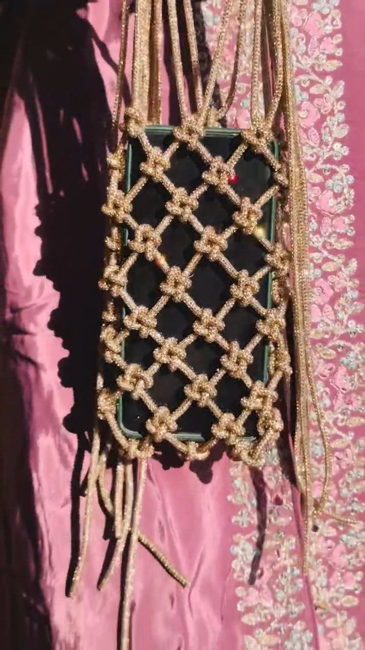 Gold Beaded Phone Sling Pouch with Knotted Net Design - Image 4