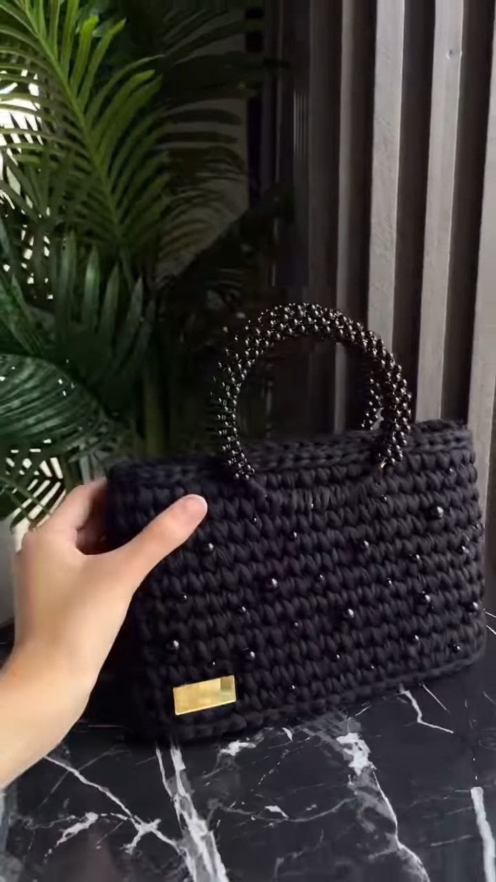 Handwoven Black Beaded Tote Bag with Top Handles - Image 2