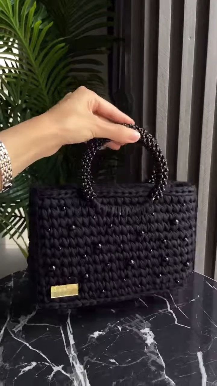 Handwoven Black Beaded Tote Bag with Top Handles - Image 3