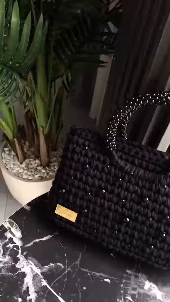Handwoven Black Beaded Tote Bag with Top Handles - Image 5