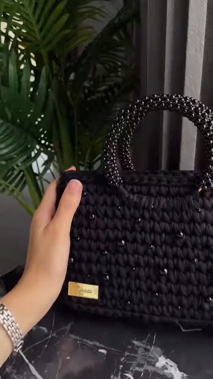 Handwoven Black Beaded Tote Bag with Top Handles - Image 6