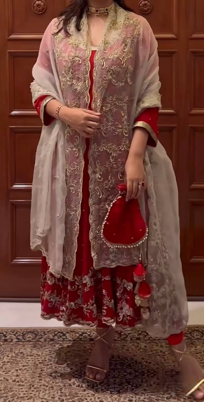 Red Embroidered Anarkali Suit with Organza Dupatta - Image 4