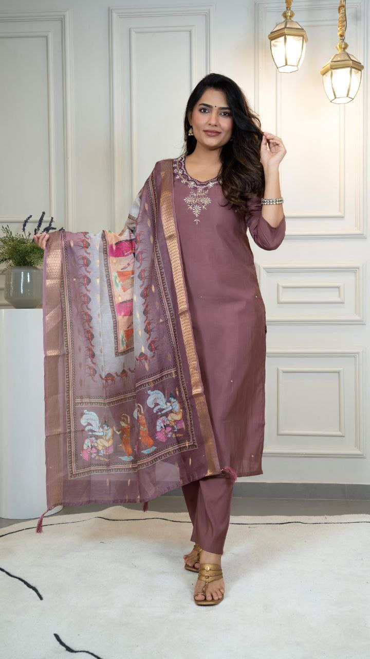 Elegant Mauve Straight Kurta Suit with Printed Dupatta - Image 4