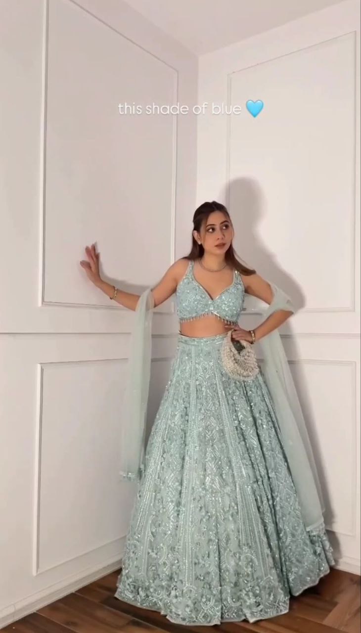 Sky Blue Sequins and Resham Embroidered Net Lehenga Choli Set - Image 5