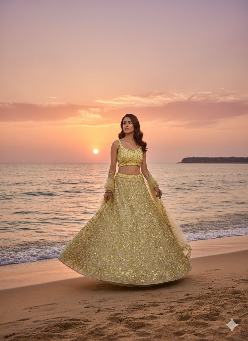 Sunshine Yellow Butterfly Net Embroidered Lehenga Choli Set - Image 3