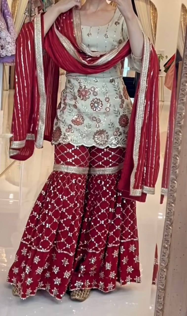 Designer Chinon Silk Embroidered Sharara Suit - Image 4