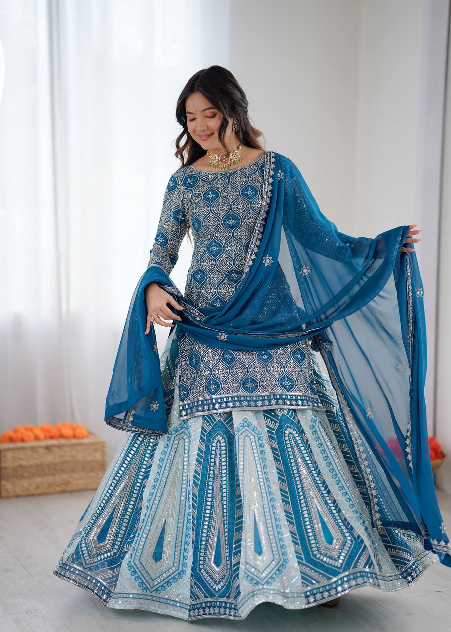 Teal Blue Embroidered Lehenga Set with Dupatta - Image 4