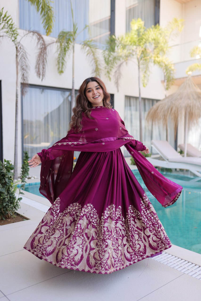 Wine Purple Embroidered Anarkali Gown with Dupatta - Image 3