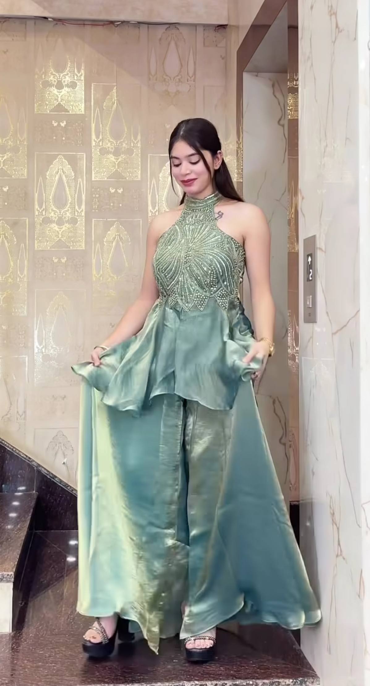 Sage Green Embellished Halter Top with Flowy Satin Palazzo Set - Image 2
